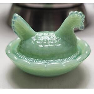 Collectible Unmarked Miniature Jadeite Green Glass Hen on Nest Figurine, 2.5"